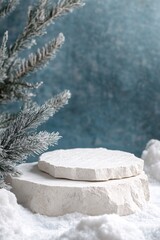 Aufkleber - Stone podium featuring winter cosmetics with snowy pine tree branch and blue background