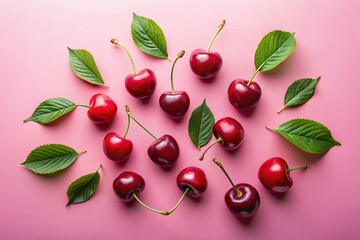 Wall Mural - Pink Background Macro Photography of Cherries on Sprigs - Flat Lay