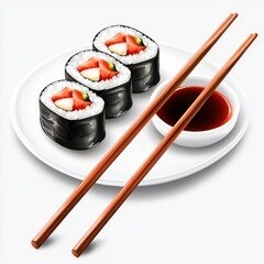 Wall Mural - Freshly Made Sushi Rolls with Salmon and Cream Cheese on White Plate with Soy Sauce and Wooden Chopsticks