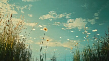 Wall Mural - Serene Reflection of Vibrant Green Grass and Floating White Daisies Under a Clear Blue Sky in a Peaceful Natural Setting