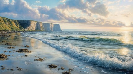 Wall Mural - Serene summer coastal landscape depicting gentle rolling waves along a sandy beach in the foreground with dramatic cliffs under a soft pastel sky.