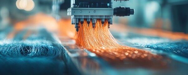 Poster - Automated industrial machinery is weaving copper wire on an assembly line in a factory