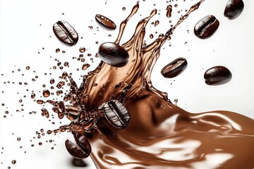 A dynamic splash of coffee liquid captures movement.