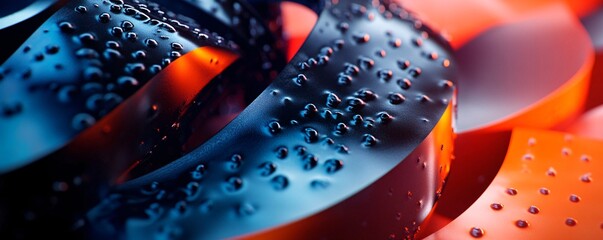 Fototapete - Intricate patterns created by water droplets on a metallic surface, reflecting red and blue light