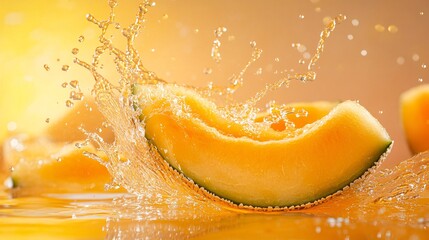 Fototapete - Ripe melon slice drops into water on a sunny yellow backdrop