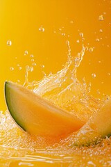 Fototapete - Refreshing splash: melon slice falling into orange juice on a bright orange background