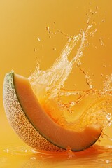 Poster - Fresh melon slice creating a burst of juice against an orange backdrop