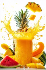 Poster - Tropical fruit flavors come alive as juice pours into a glass, surrounded by chunks of pineapple, mango, and watermelon