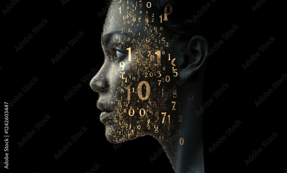 Female face with matrix digital numbers artifical intelligence AI theme ...