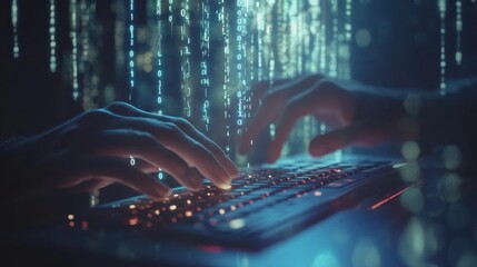 Hacker Typing Code, Digital Rain Background, Dark Room, Cybersecurity