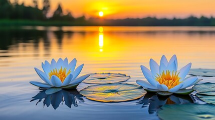 Canvas Print - Serene Sunset Water Lilies Peaceful Lake Reflection