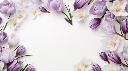 Wall Mural - Beautiful Arrangement of White and Lilac Crocus Flowers with Soft Petals and Green Leaves on a Clean Background for Spring Decor