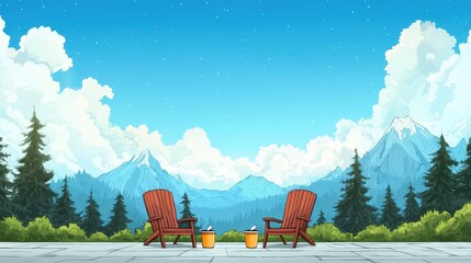 Wall Mural - cozy chairs with mountain view under blue sky