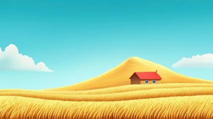 Wall Mural - Cozy House in Serene Golden Field Landscape