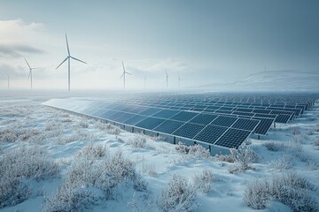 Wall Mural - Solar panels and wind turbines generating clean energy in snowy landscape