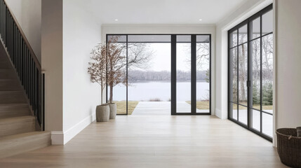 Wall Mural - Modern entryway with large windows overlooking a serene lake landscape in winter