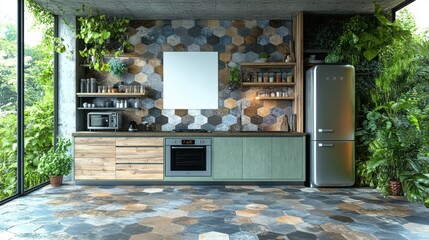 Wall Mural - Modern Green Kitchen Interior Design with Natural Wood and Stone