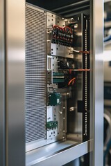 Poster - Open electrical cabinet revealing a modern industrial power supply unit