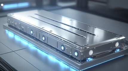 Poster - Electric vehicle battery pack glowing blue in a futuristic laboratory during charging or inspection