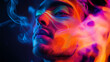 © SB4 GM - A man’s face framed by geometric shapes, with abstract patterns flowing from his eyes, like colored smoke, illuminated by soft light from above
