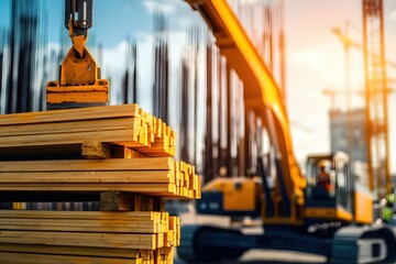 Construction Site Lumber Crane Lifting Beams Sunny Day