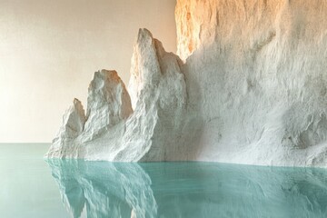 Canvas Print - Serene minimalist landscape featuring white rock formations reflected in calm, teal water.