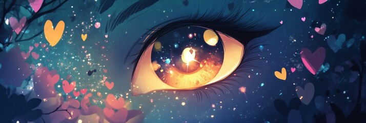 Wall Mural - anime eye cosmic heart universe - anime eye reflecting a vibrant universe, surrounded by floating he