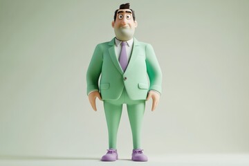 Wall Mural - A cheerful cartoon businessman in a mint green suit stands confidently.