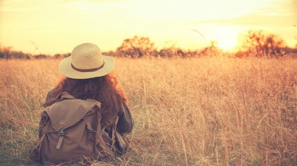 Canvas Print - Solitary Traveler Contemplates Sunset in Golden Field