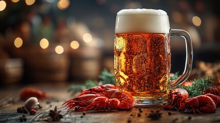 Leinwandbilder - A Festive Feast: A Frosty Beer Mug with Steaming Lager and Delectable Crayfish on a Rustic Wooden Table