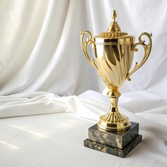 elegant golden trophy award on white fabric background winner success achievement prize cup top best