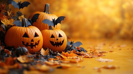 Aufkleber - Autumnal Halloween Delight: Jack-o'-lanterns, Bats, and Fallen Leaves Create a Spooky Festive Scene.