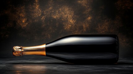Leinwandbilder - Elegant Black Champagne Bottle with Gold Foil, Luxurious Sparkling Wine on Dark Background, Perfect for Celebration or Special Occasion