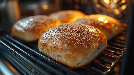Poster - Golden Sesame-Topped Buns Baking in the Oven: A Close-Up View of Freshly Baked Bread, Perfect for Burgers or Sandwiches.