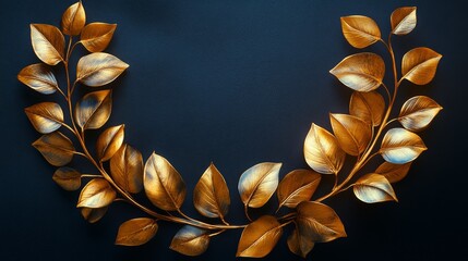 Aufkleber - Luxurious Golden Leaf Wreath on Dark Background: Elegant Design for Invitations, Cards, and Festive Decor