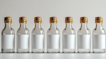 Poster - Seven Clear Glass Bottles with Gold Caps and Blank White Labels, Perfect for Mockups and Branding Designs.