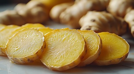 Poster - Sliced Turmeric Root: Vibrant Yellow, Aromatic Spice, Culinary and Medicinal Uses, Close-up Photography