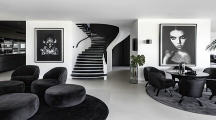 Sticker - Spacious contemporary home featuring a classic black and white framed artwork collection.