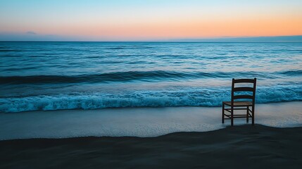 Wall Mural - A calm beachside evening with a lone chair facing the horizon and soft waves gently lapping the shore