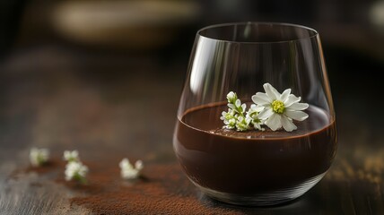 Wall Mural - Decadent chocolate panna cotta elegantly adorned with a delicate edible flower garnish.