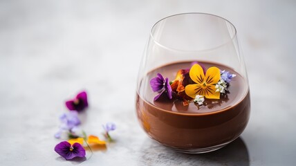 Wall Mural - Decadent chocolate panna cotta elegantly adorned with a delicate edible flower garnish.