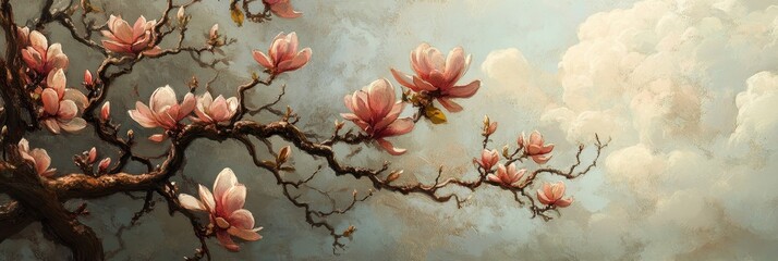 Wall Mural - magnolia blossom sky - springtime blossoms, delicate petals, tranquil sky, nature's beauty, serene a