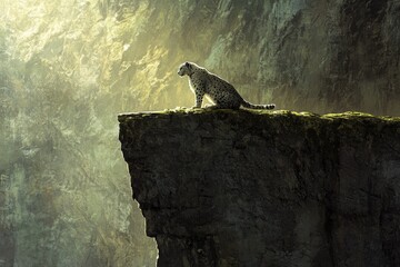 Wall Mural - A snow leopard sits majestically on a cliff edge, overlooking a misty mountain valley, bathed in sunlight.