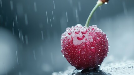 Wall Mural - Rainy day cherry, macro shot, dark background, food photography