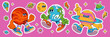 © klyaksun - Groovy universe sticker pack - dancing planets, spinning Earth, cosmic bodies in sneakers on pink background with shining stars and lightning bolts. Space themed cartoon elements for kids decoration.