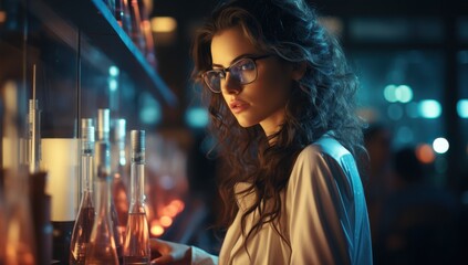 Intrigued Scientist: A pensive woman, her face illuminated by warm, inviting light, gazes intensely at a row of laboratory glassware.