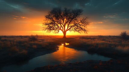 Wall Mural - Solitary tree sunrise field reflection nature landscape