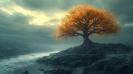 Wall Mural - Golden tree solitude, riverbank, stormy sky, autumn