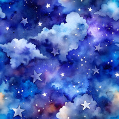 Wall Mural - Watercolor Starry Sky Seamless Background with Blue and Purple Clouds. Perfect for: Christmas, astrology themes, meditation spaces