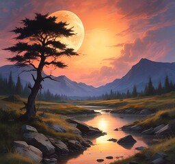 Wall Mural - Illustration of fantasy landscape with glowing shiny moon.